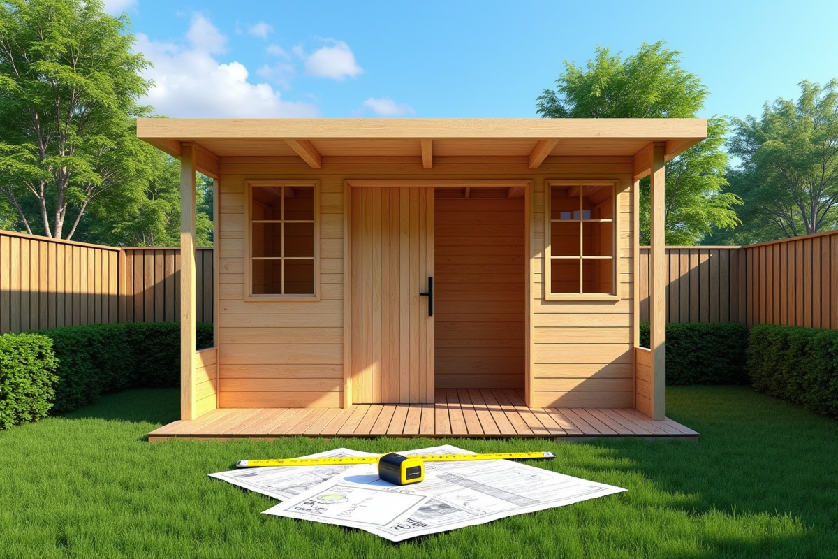 Abri de jardin en construction avec plans et outils sur l