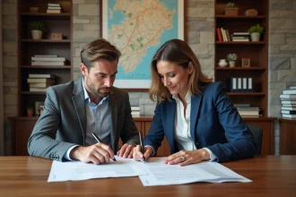 Couple consultant des documents immobiliers dans un bureau notarial moderne en Andorre