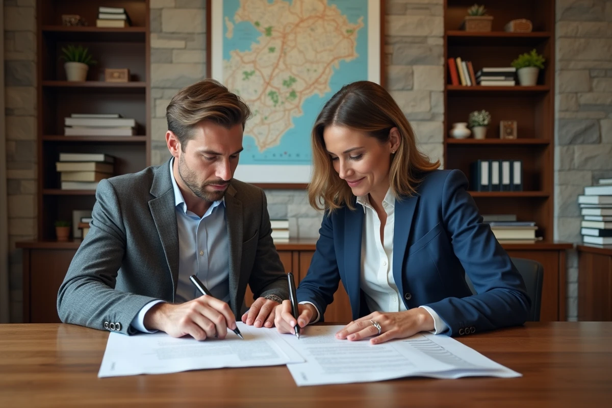 Couple consultant des documents immobiliers dans un bureau notarial moderne en Andorre
