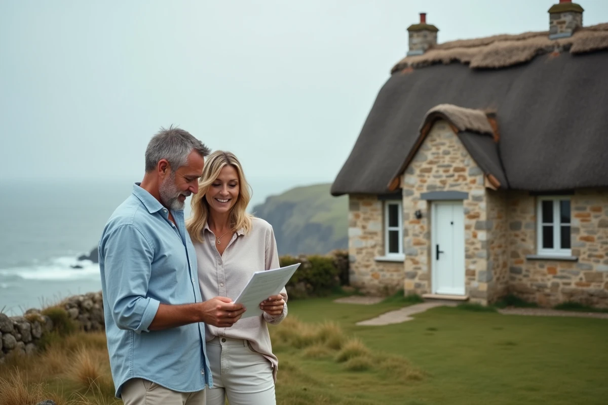 Couple examinant des documents immobiliers devant une maison normande en pierre en bord de mer