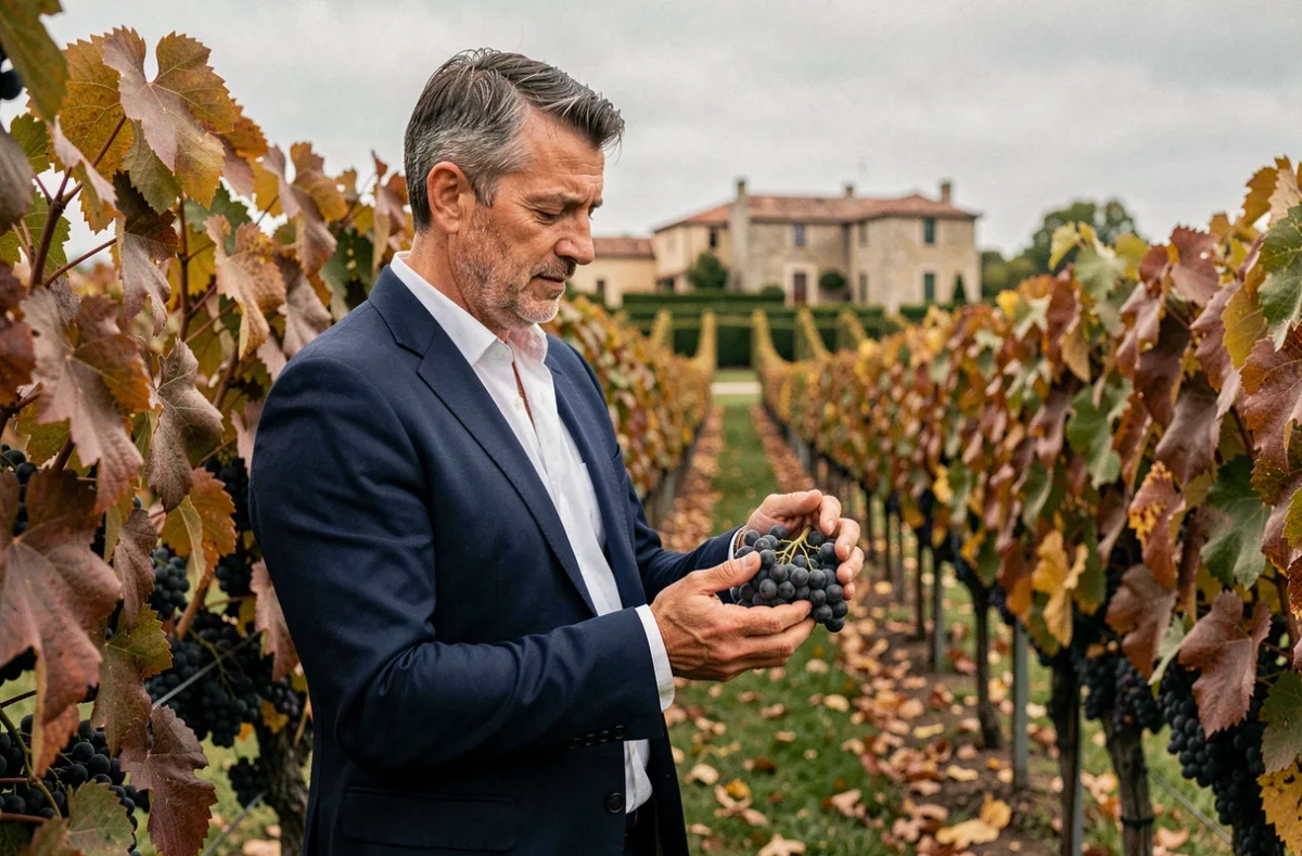 Acheteur potentiel inspectant des grappes de Merlot dans un vignoble bordelais clé en main en automne