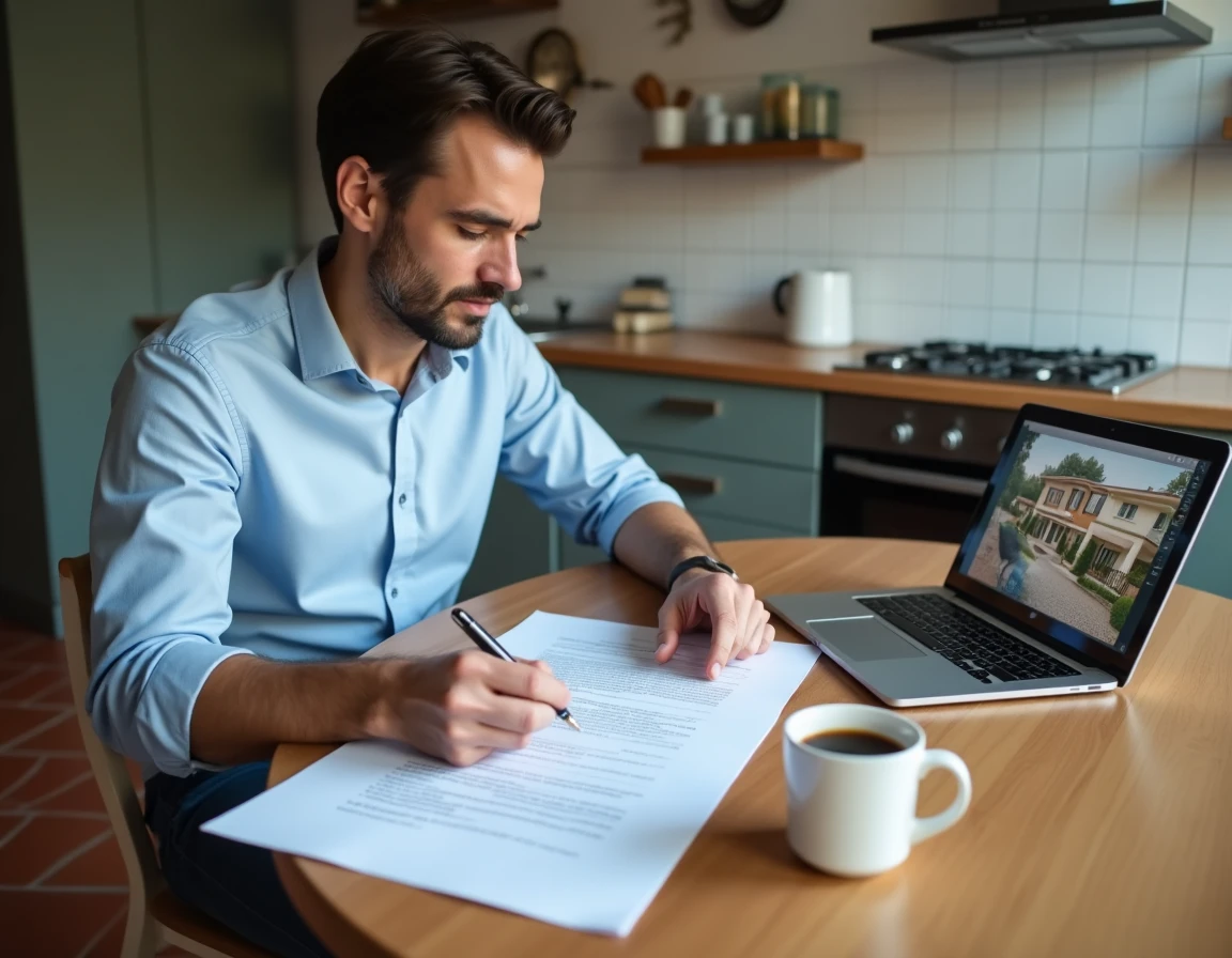 Homme lisant attentivement un compromis de vente immobilier avant signature à Lyon