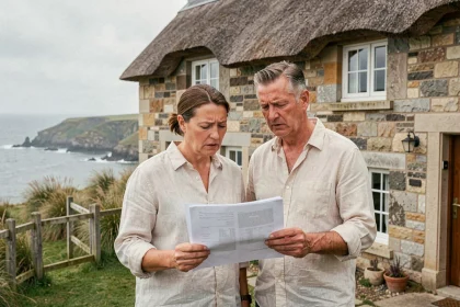 Couple examinant des documents immobiliers devant une maison normande en pierre près des falaises en bord de mer