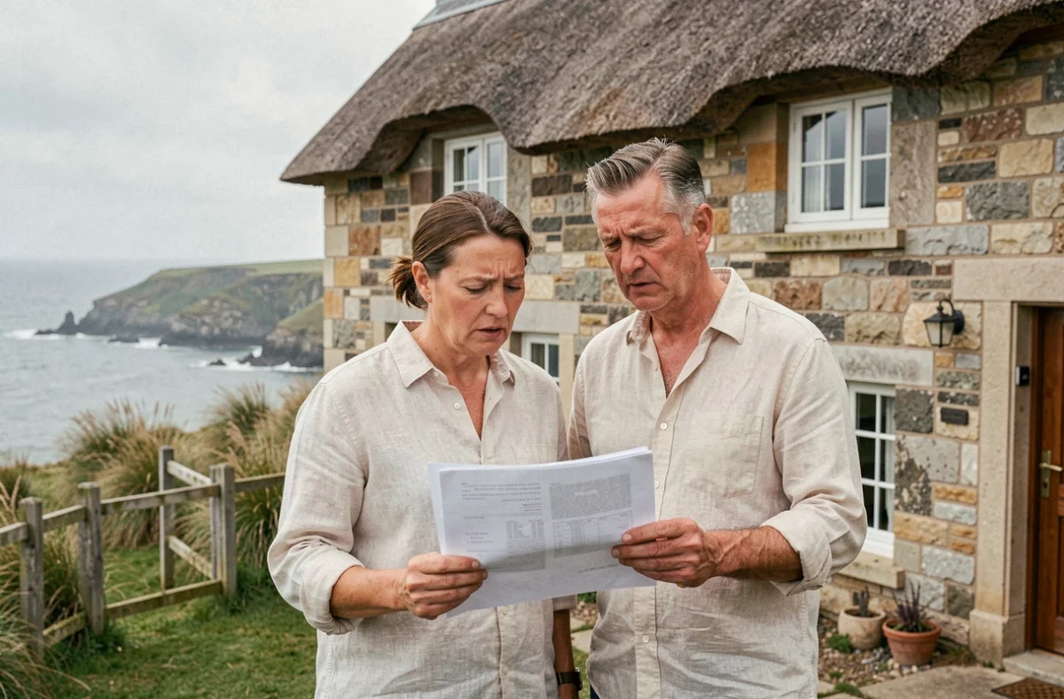 Couple examinant des documents immobiliers devant une maison normande en pierre près des falaises en bord de mer