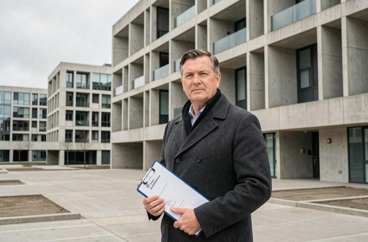 Agent immobilier devant un immeuble en béton de style Perret au Havre, représentant la gestion locative havraise