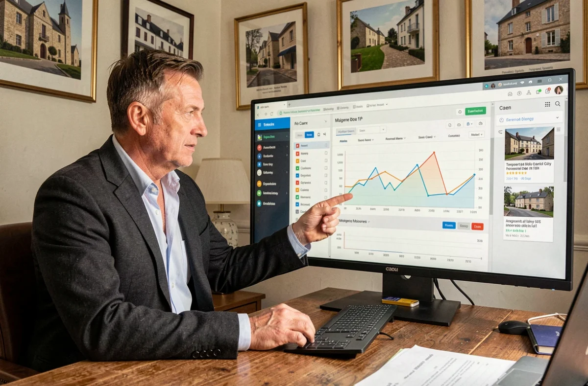 Agent immobilier de Caen consultant un logiciel de gestion locative sur écran dans un bureau avec photos de biens normands