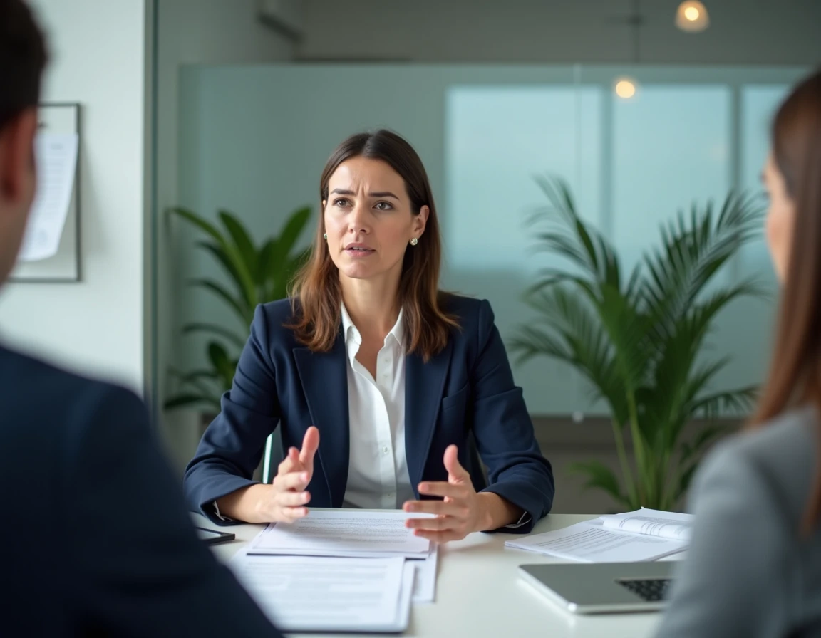 Agente immobilière en réunion dans son bureau discutant d'un retard de versement de loyer avec un propriétaire, entourée de contrats et dossiers de location