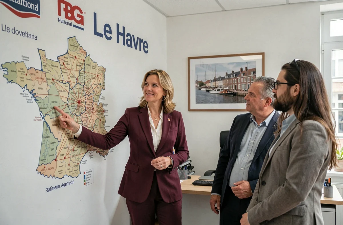 Consultante immobilière au Havre présentant un réseau national de gestion locative sur une carte de France dans une agence Orpi