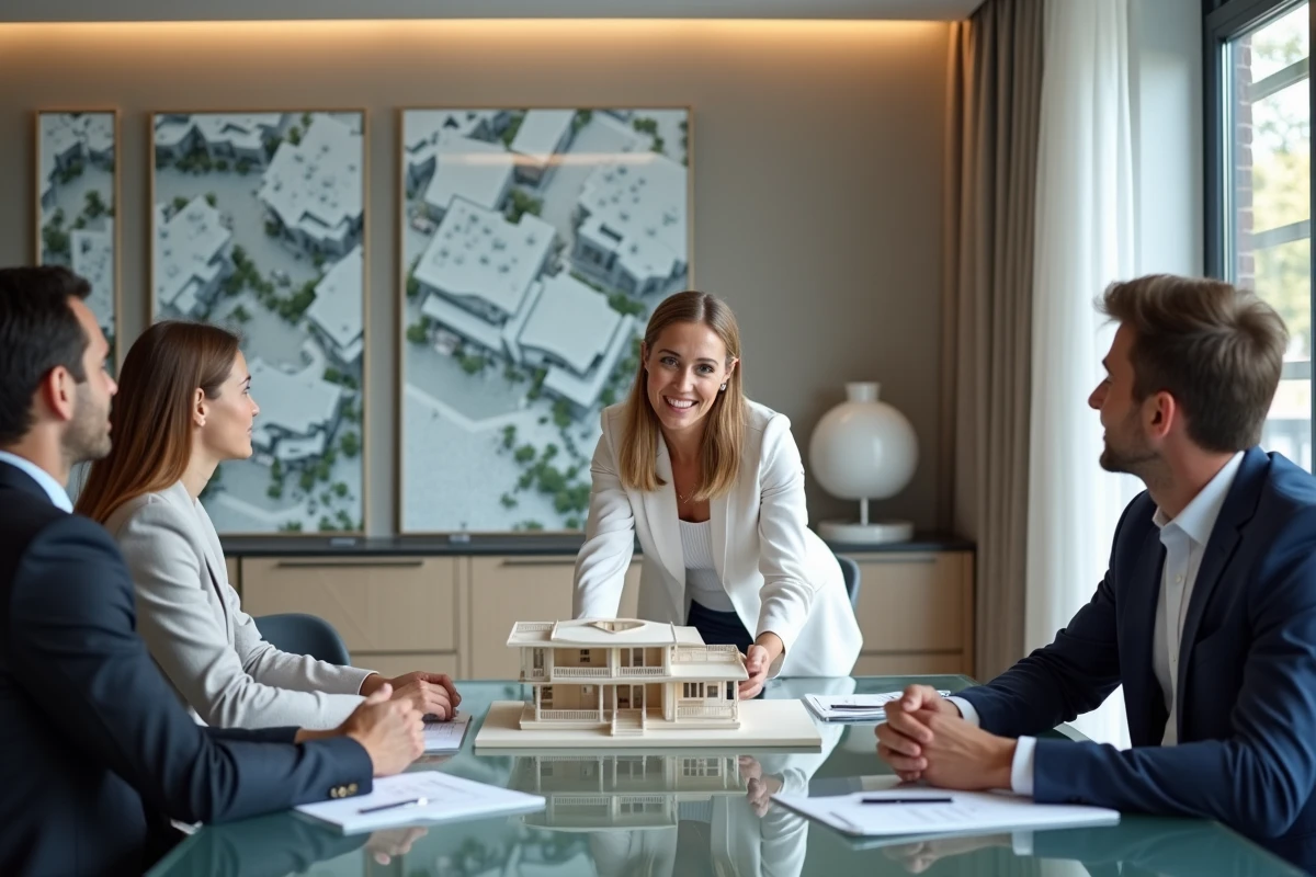 Agente immobilière présentant un projet résidentiel en Andorre à des clients français dans une agence moderne