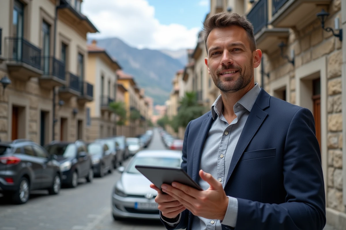 Agent immobilier présentant des annonces sur tablette dans une rue résidentielle d'Andorre
