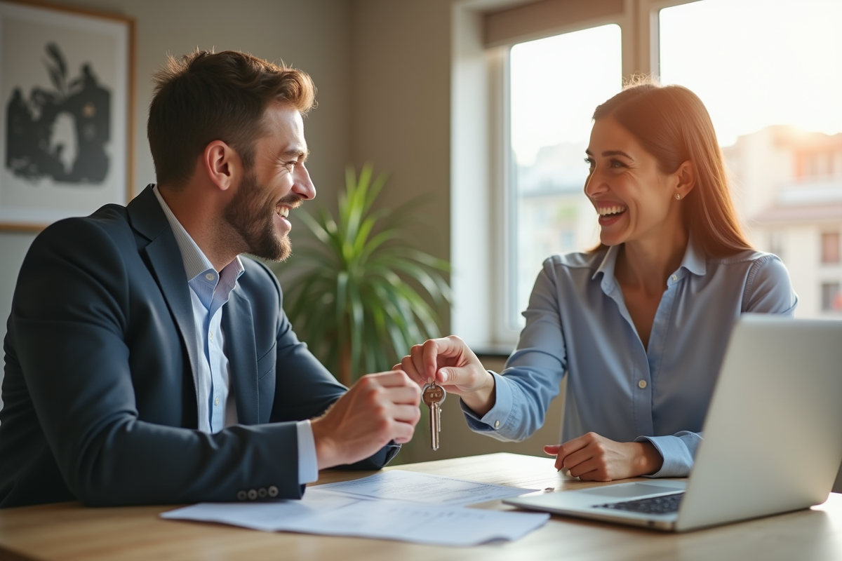 Agent immobilier remettant les clés à un client souriant dans un appartement moderne