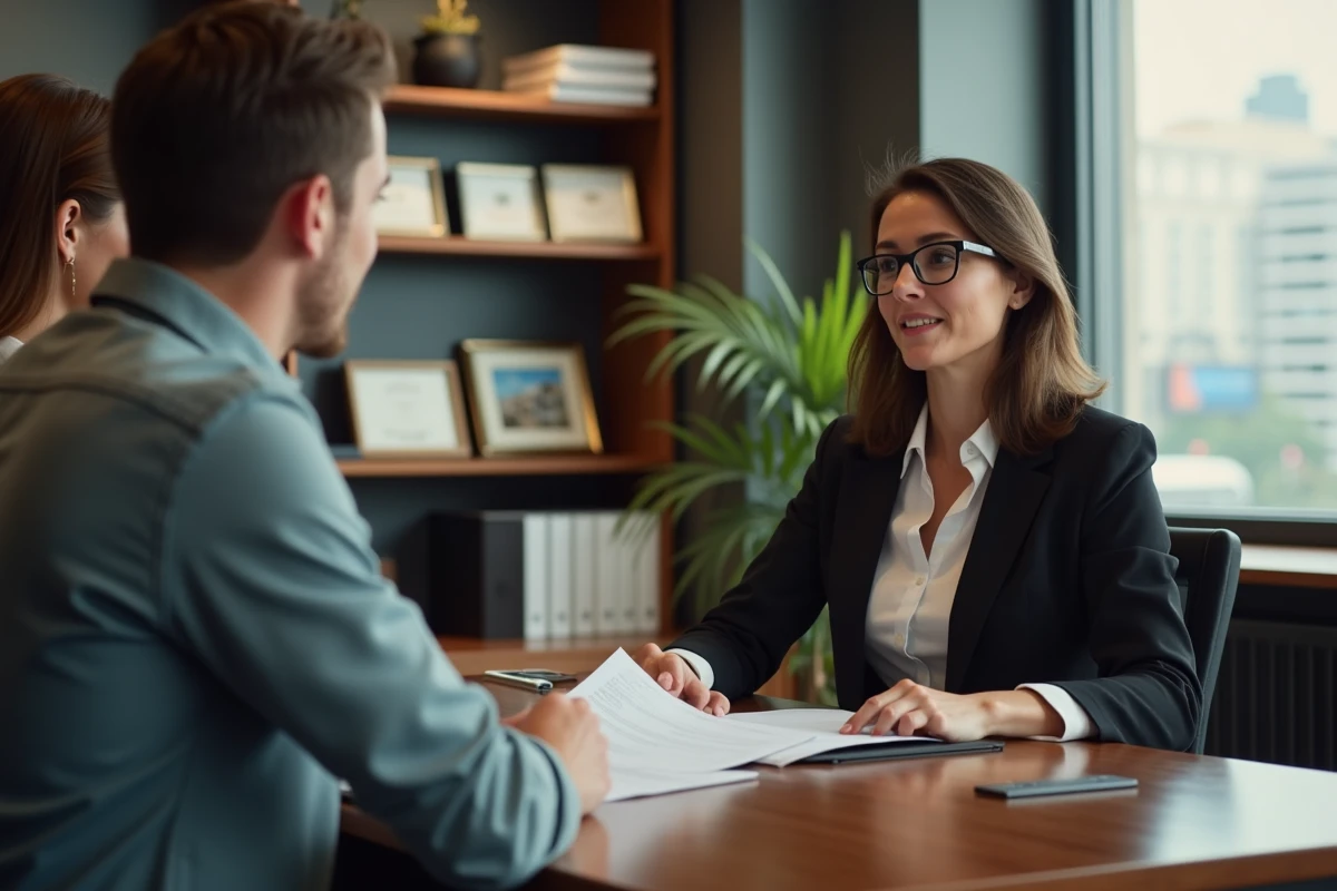 Agent immobilier expliquant une offre à un jeune couple dans un bureau