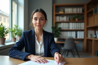 Agent immobilière pointant un contrat d'achat immobilier à Lyon dans un bureau de notaire moderne