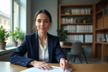 Agent immobilière pointant un contrat d'achat immobilier à Lyon dans un bureau de notaire moderne