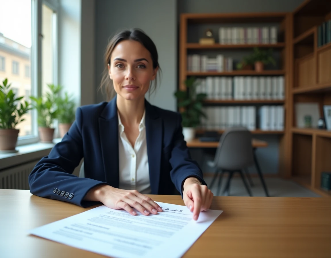Agent immobilière pointant un contrat d'achat immobilier à Lyon dans un bureau de notaire moderne