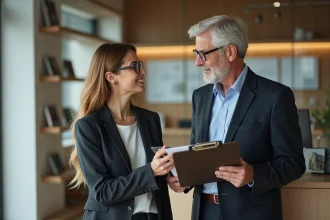 Agent immobilier en discussion avec une cliente dans un bureau moderne