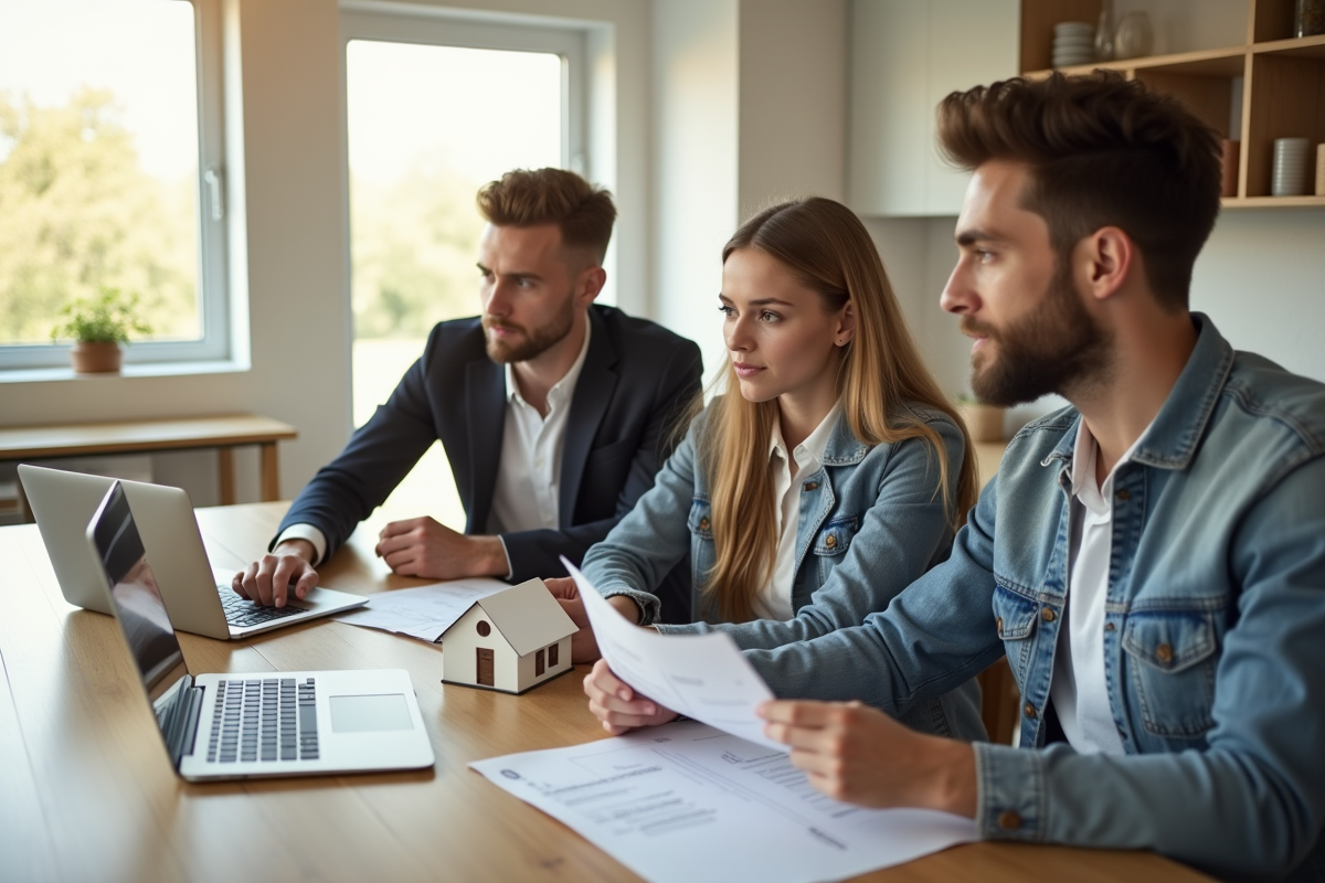 Agent immobilier et couple examinant documents de location