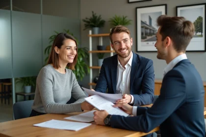 Agent immobilier remettant un dossier de vente sécurisé à un couple d'acheteurs dans une agence moderne