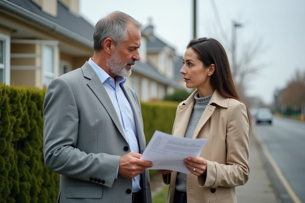 Agent immobilier expliquant un rapport d'estimation à une primo-vendeuse devant une maison à vendre