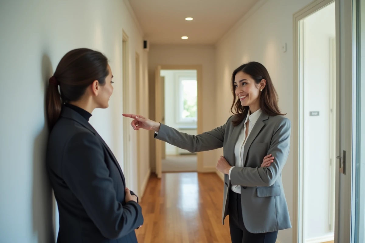 Jeune agent immobilier montrant chambre dans couloir lumineux