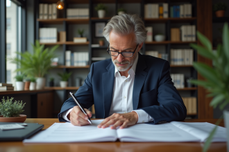 Agent immobilier en costume examine des dossiers