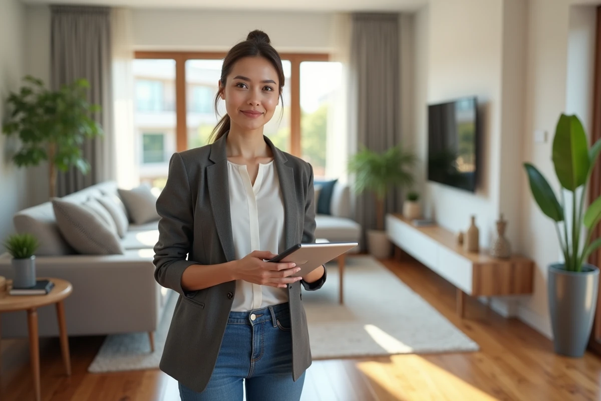 Agent immobilier avec tablette dans un salon lumineux et moderne