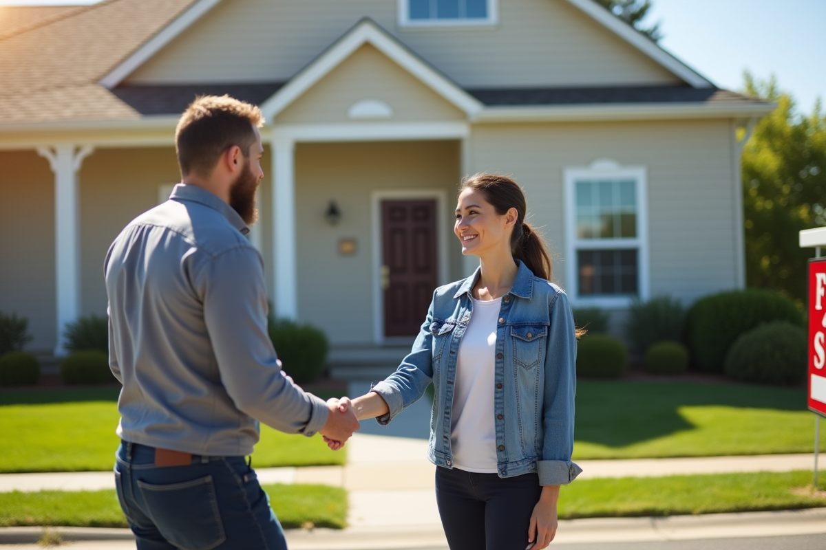 Agent immobilier souriant avec propriétaires devant maison