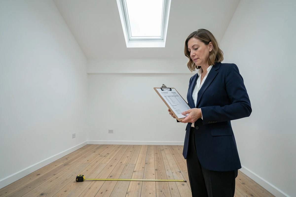 Agent immobilier mesurant une chambre de moins de 9m² lors d'une expertise pour résidence principale