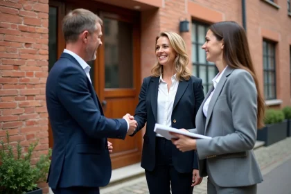 Agent immobilier accueillant un couple devant une maison toulousaine