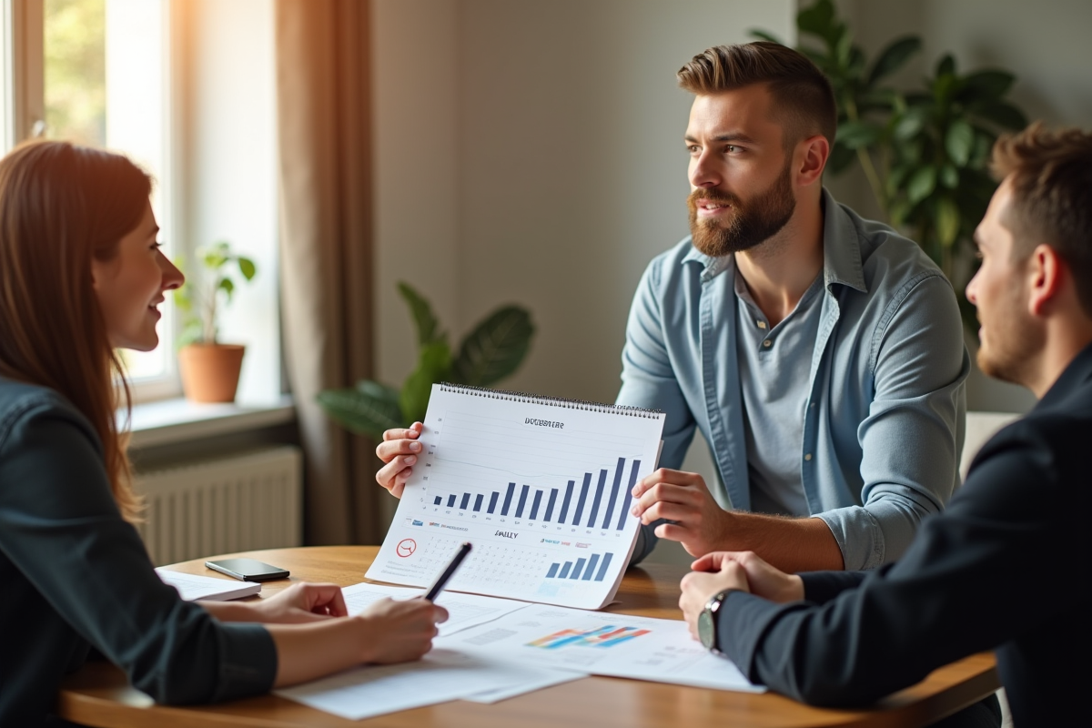 Agent immobilier présentant un graphique financier dans un salon lumineux