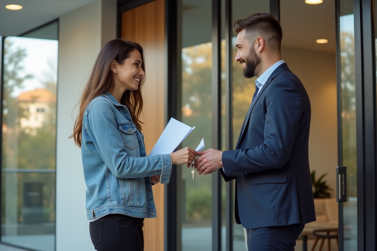 Agent immobilier donnant les clés à un locataire souriant
