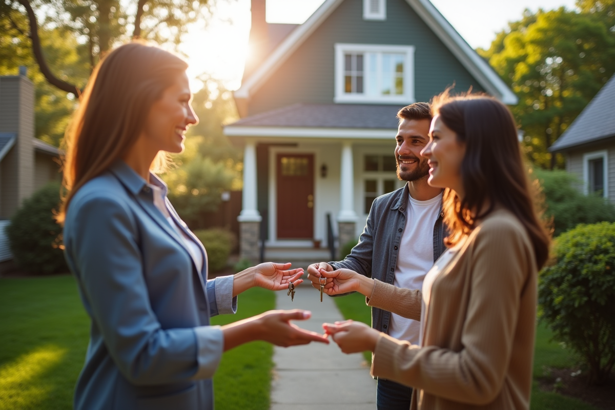 Agent immobilier donnant les clés à un couple devant maison