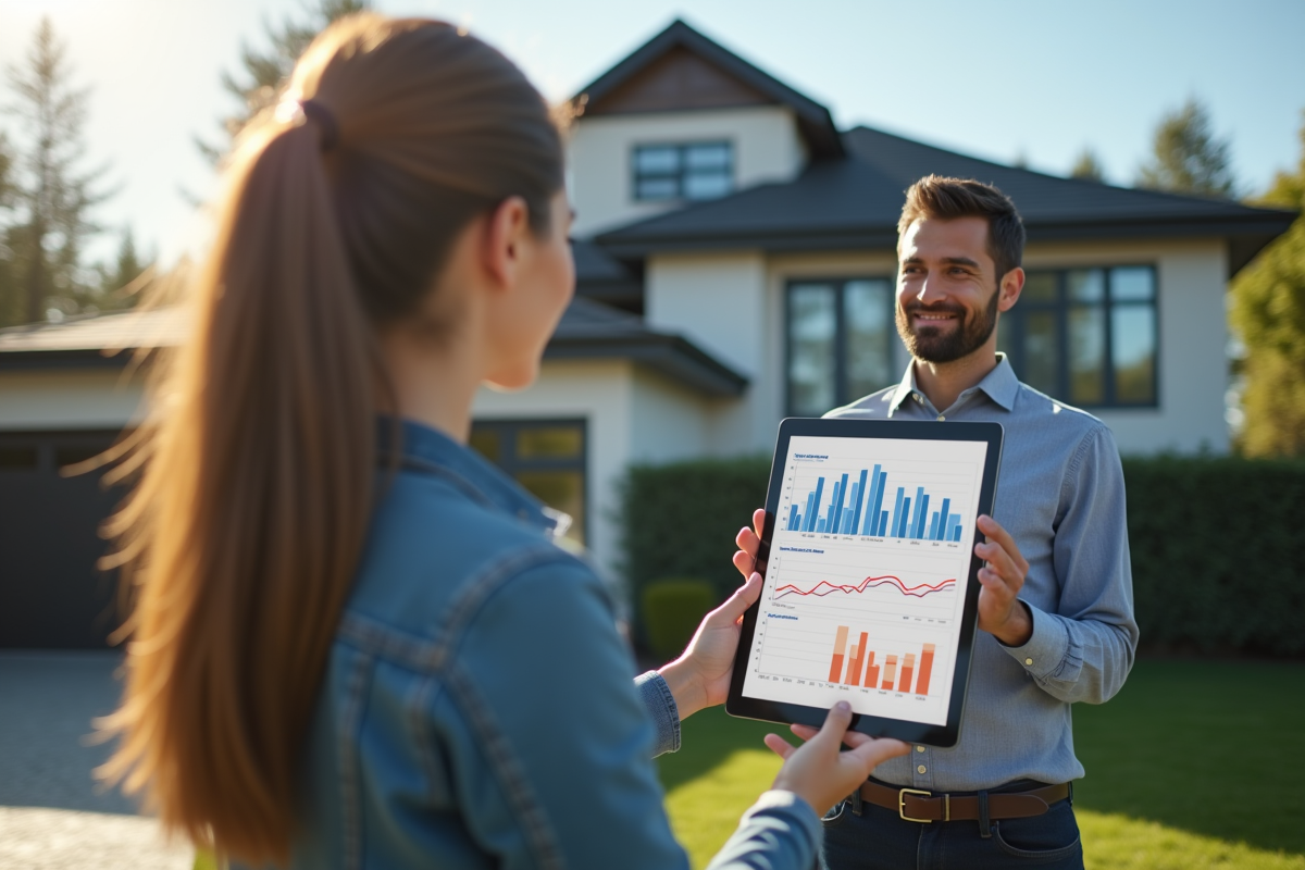 Agent immobilier montrant des données de valuation à un client devant une maison