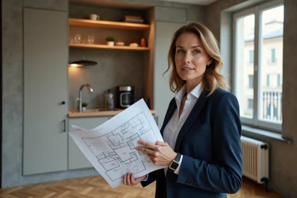 Agente immobilière expliquant la différence entre T1 et T1bis dans un appartement studio parisien avec kitchenette séparée