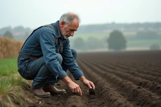 Agriculteur inspectant la terre d'un champ d'un hectare en zone rurale française