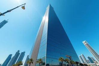 Vue en contre-plongée de l'Almas Tower dans le quartier JLT de Dubaï, entourée de tours résidentielles et du lac artificiel