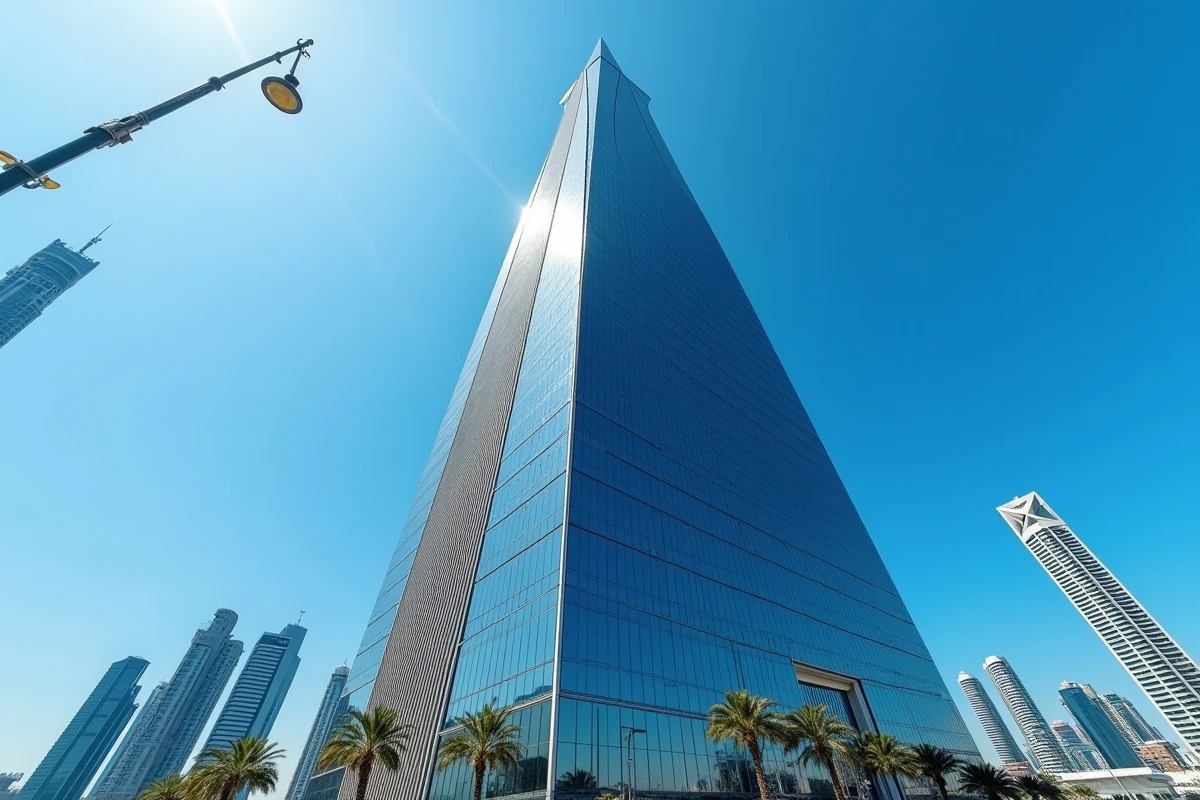 Vue en contre-plongée de l'Almas Tower dans le quartier JLT de Dubaï, entourée de tours résidentielles et du lac artificiel