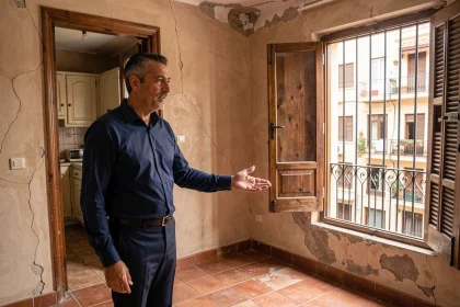 Agent immobilier dans un ancien appartement à vendre à Guéliz Marrakech avec carrelage terracotta et murs en plâtre usé