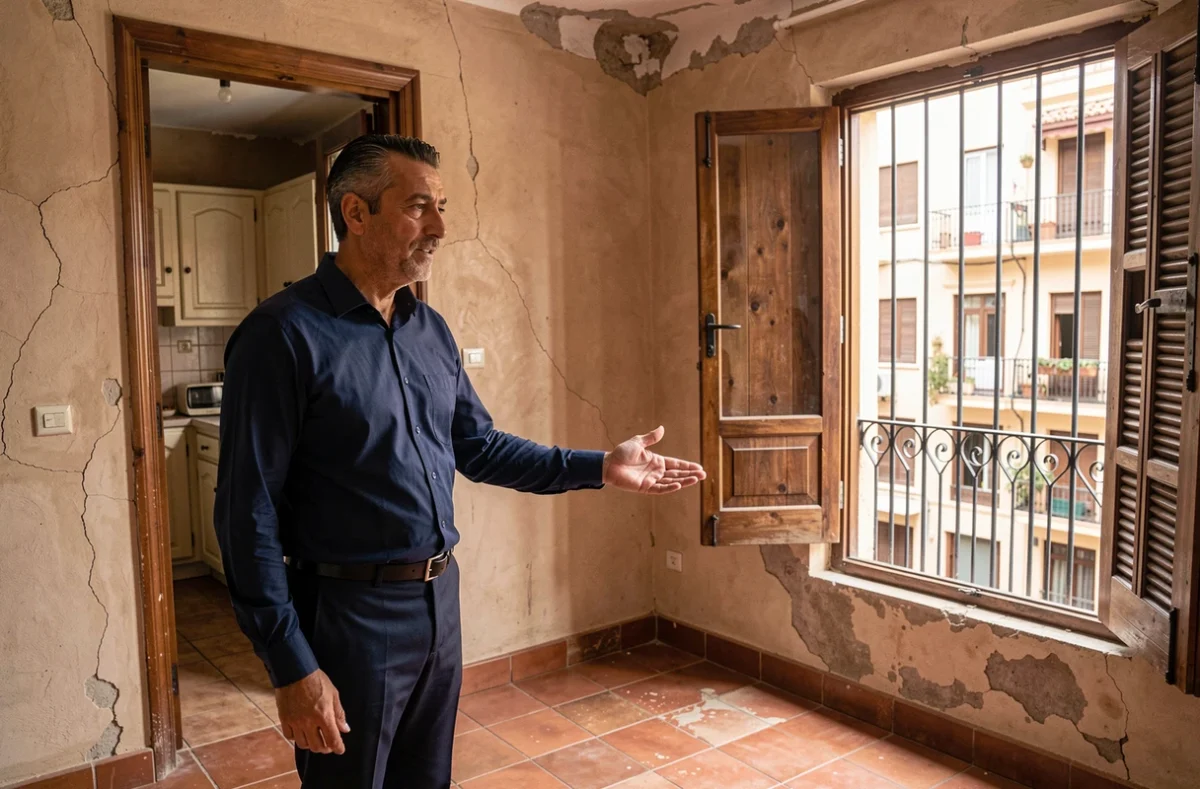Agent immobilier dans un ancien appartement à vendre à Guéliz Marrakech avec carrelage terracotta et murs en plâtre usé