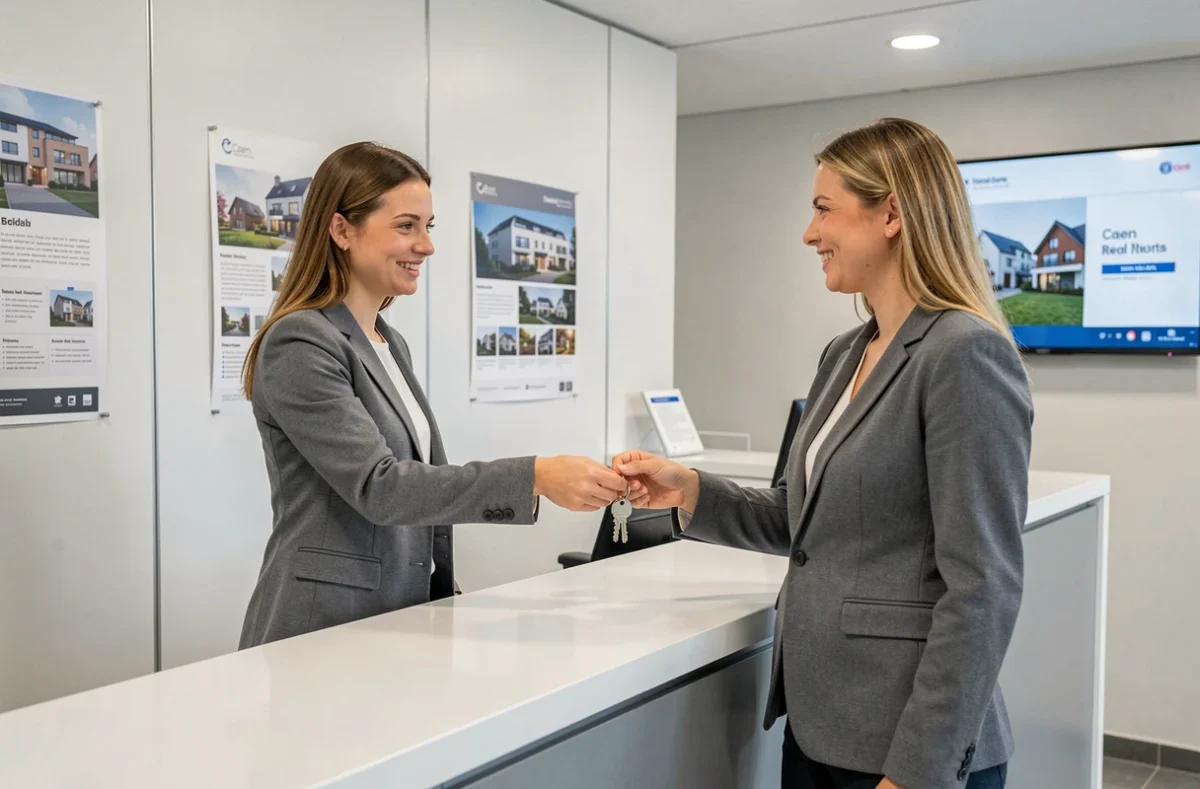 Agente immobilière de Caen remettant les clés d'un appartement à un nouveau locataire dans une agence moderne