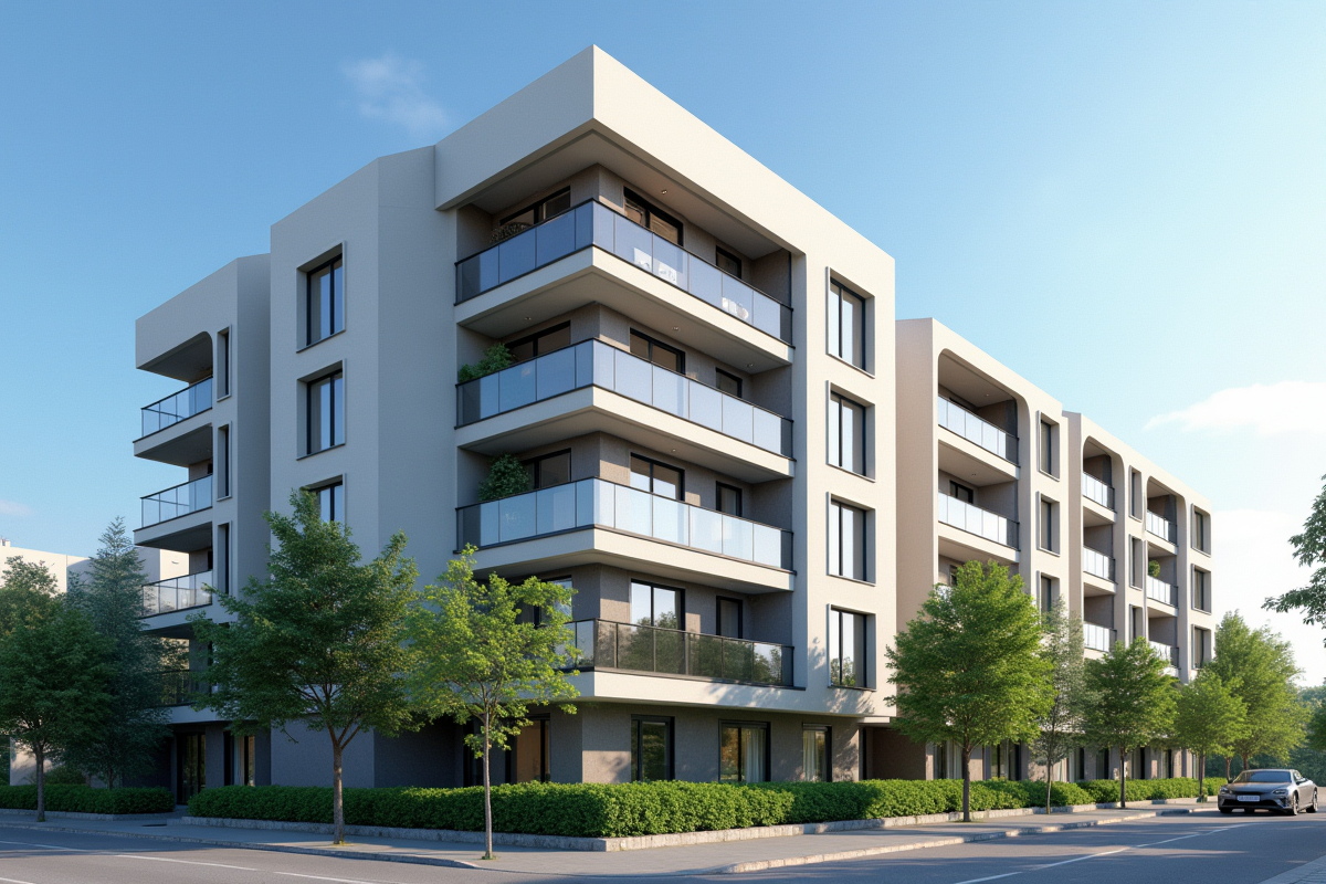 Extérieur d un immeuble moderne avec grandes fenêtres et verdure