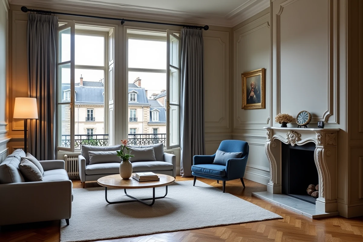 Intérieur d'un appartement haussmannien luxueux dans un arrondissement chic de Paris avec vue sur les toits