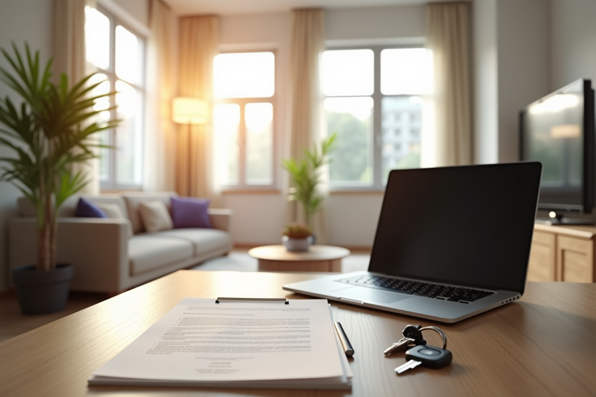 Salon moderne lumineux avec espace de travail et clés