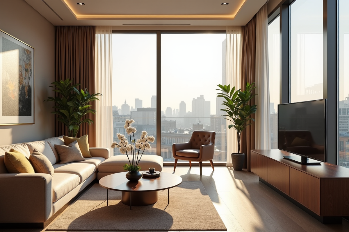 Intérieur lumineux d'un appartement moderne à Londres avec vue urbaine