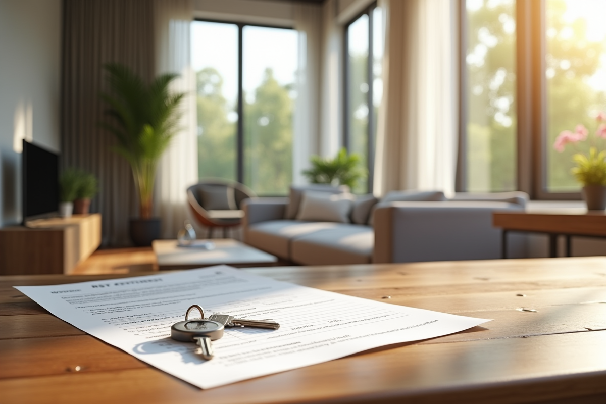 Appartement moderne avec grande fenetre et papiers de location sur la table