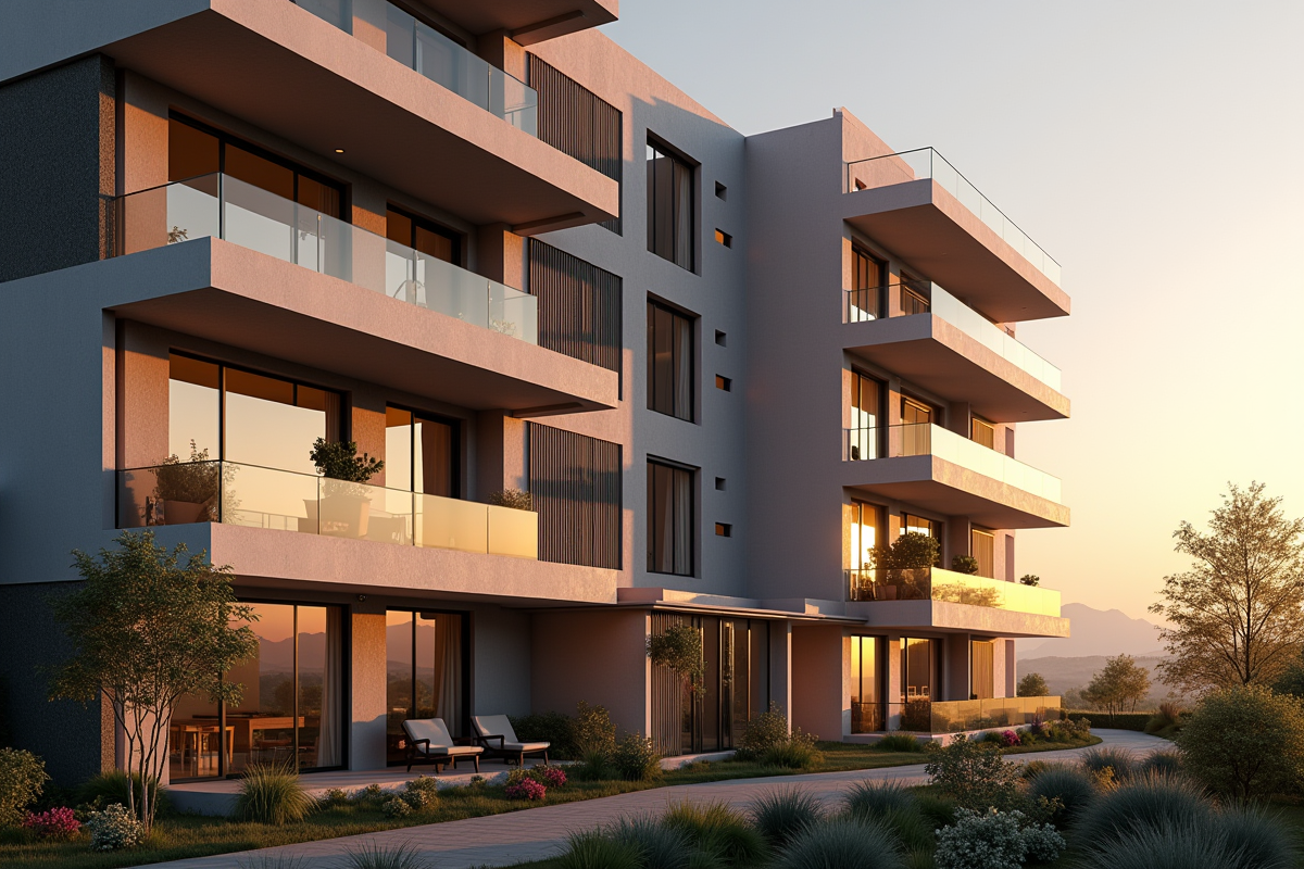 Immeuble moderne avec balcons lumineux en heure dorée