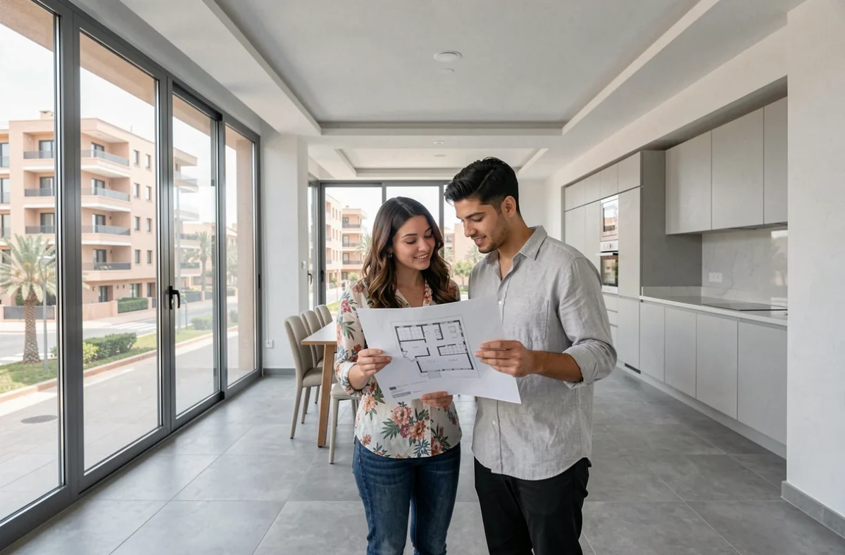 Jeune couple visitant un appartement récent à vendre à Guéliz Marrakech avec cuisine moderne et grandes fenêtres