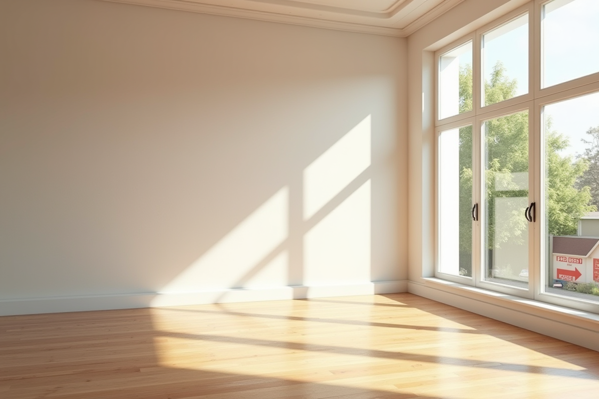 Appartement lumineux vide avec grandes fenêtres et sol en bois