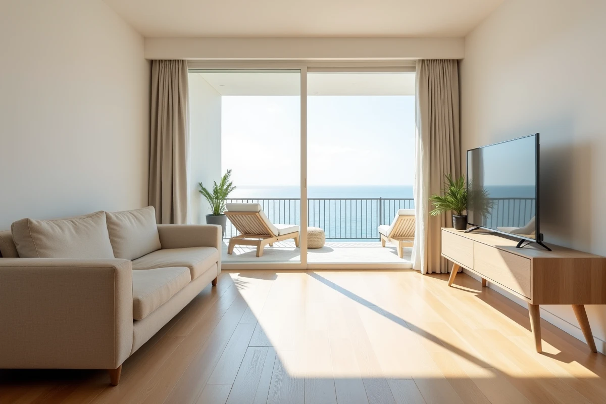 Intérieur d'un appartement de résidence Pierre et Vacances avec vue sur la mer et terrasse