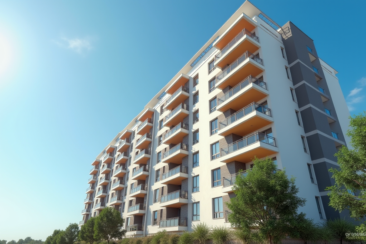 Immeuble moderne avec balcons ensoleilles et ciel bleu